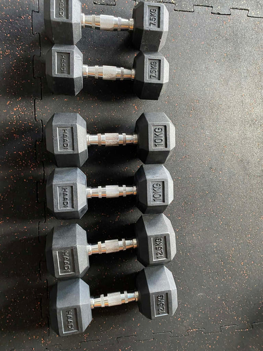 SALE BUNDLE HAADI BRANDED 2x7.5kg 2x 10kg, 2x 12.5kg HEX DUMBBELLS